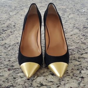 J.Crew Black Suede & Gold Cap Toe Pumps